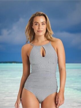 NEW, Ellen Tracy One Piece Swimsuit, Size 14 Navy White Striped Tummy Control